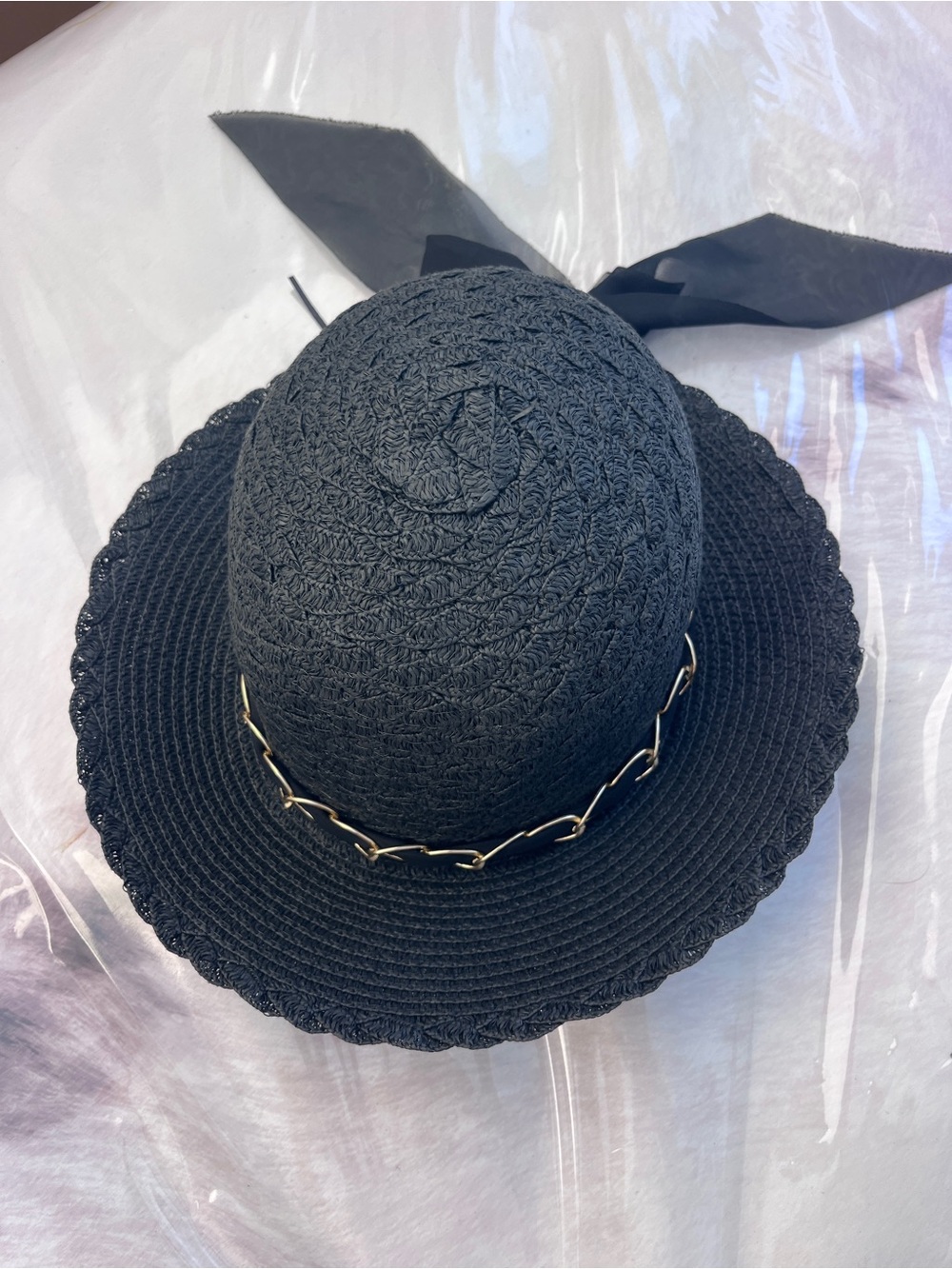 Women’s Black Paper Sun Hat with Gold Link Accent